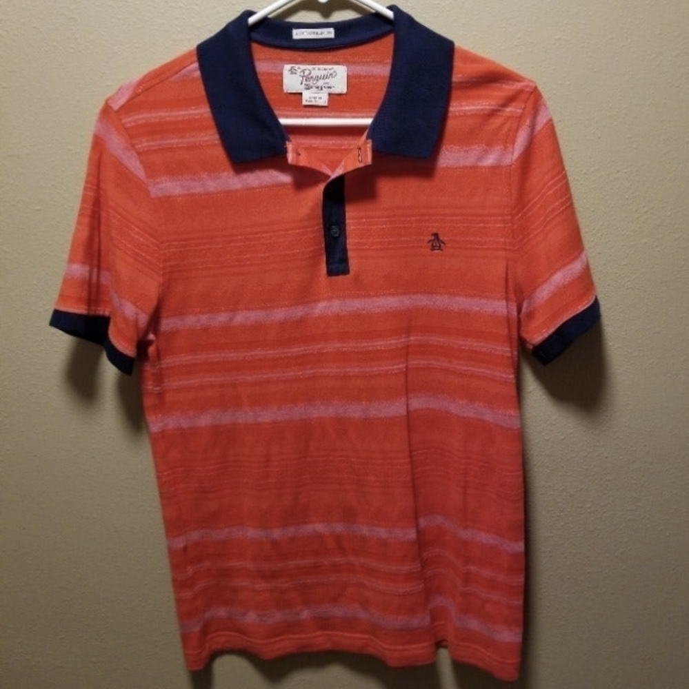 NWOT Men's Original Penguin Orange and Blue Striped Polo - M